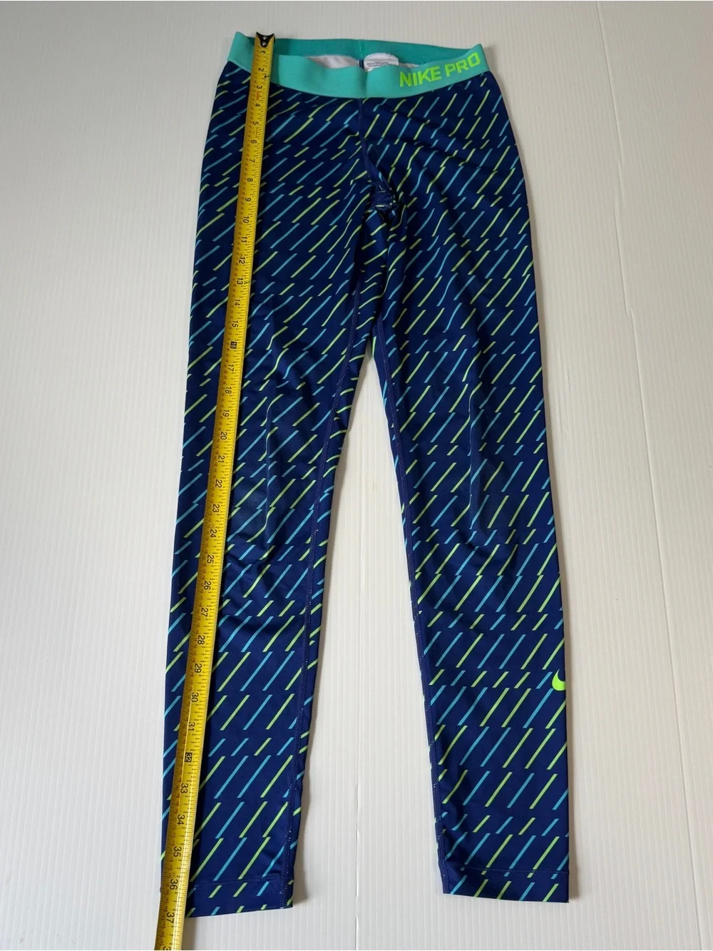Nike Pro Dri-FIT Blue Green Neon Geometric Compression Leggings Athletic Yoga M
